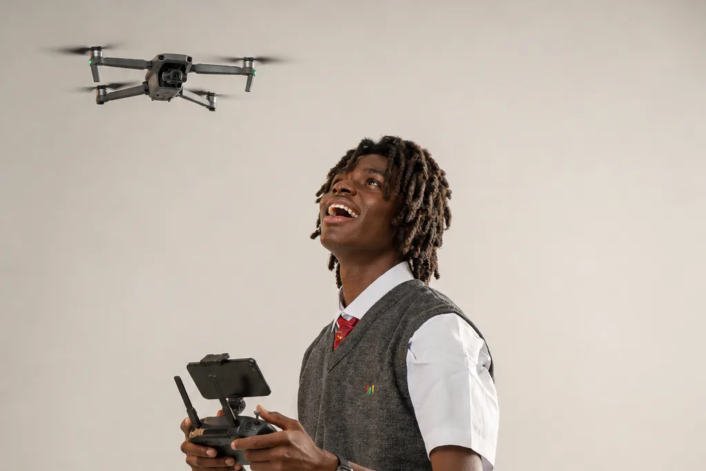 Étudiant IAM pilotant un drone avec une radiocommande